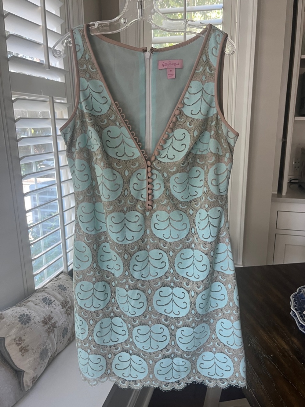 Lilly Pulitzer Aqua and Taupe V-Neck Shift Dress with Button Trim